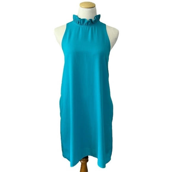 Gibson Cavallo Aqua Ruffled with Bow in Back Shift Dress Size Small - Picture 1 of 16